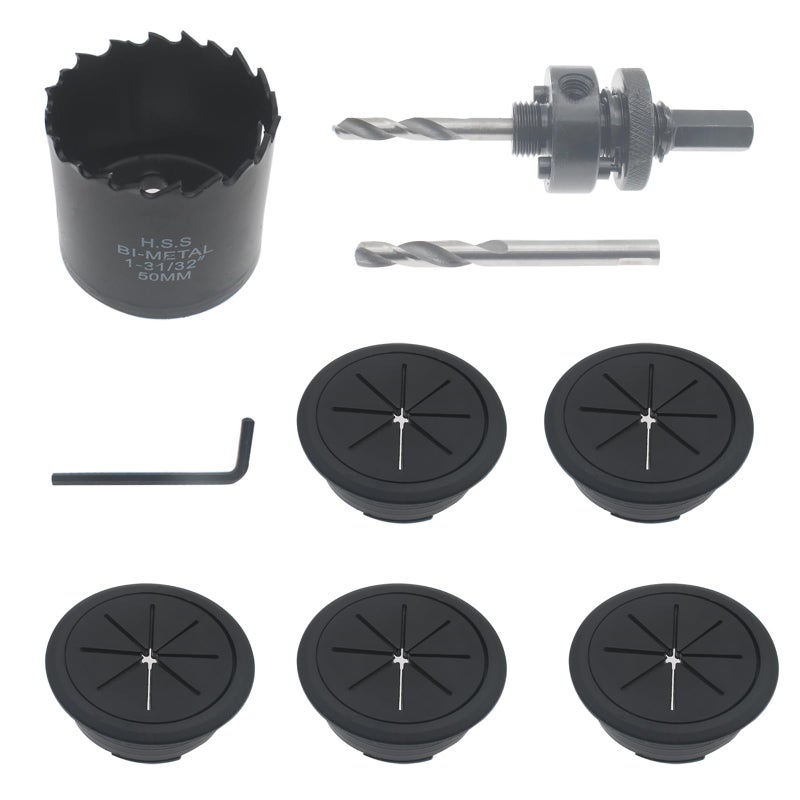 OZXNO 2 Inch Desk Grommet and Hole Saw Kit, OZXNO 5-Pack 50mm Flexible Desk Wire Cord Hole Cover with Matching Holesaw Drill Bits for Cable Organizer Wiring Management and Protection - Image 1